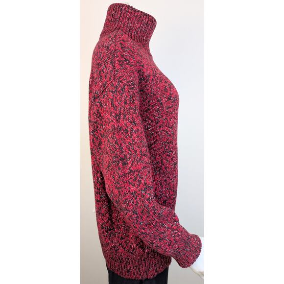 Michael Kors Turtleneck Sweater Small Marled Red Black Silver Metallic Holiday - Picture 2 of 8